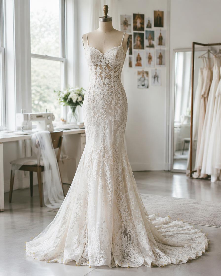 Lace wedding gown on a dress form